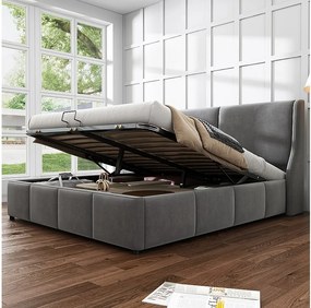 Łóżko ze schowkiem i zagłówkiem - 140 x 190 cm - aksamit - styl nowoczesny - dla dorosłych - szare