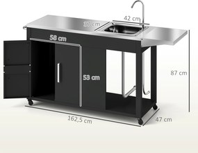 Outsunny Wózek Grillowy z Blatem Roboczym, Składaną Półką, Szafką, Zlewem i Kołami, Stal 162,5x47x87cm Czarny