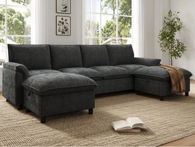 Modułowa sofa w kształcie litery U w stylu cloud - z 2 ruchomymi podnóżkami - z miejscem do przechowywania - tkanina szenilowa - Szara