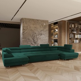 Masseno Narożnik ISOLANO z funkcją spania i pojemnikiem na pościel Narozniki U, Rozkładana sofa - Zielony, MONOLITH 37