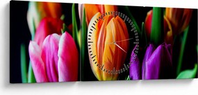 Obraz tulipanów na czarnym tle (z zegarem) (90x30 cm)