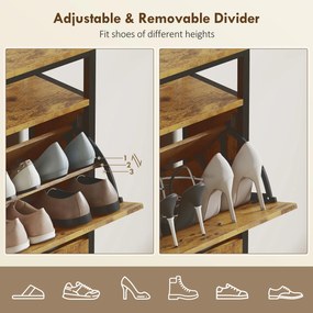 HOMCOM Szafka na buty z 4 składanymi szufladami, smukły design, otwarta półka, dla 12-20 par butów, stal, brązowy