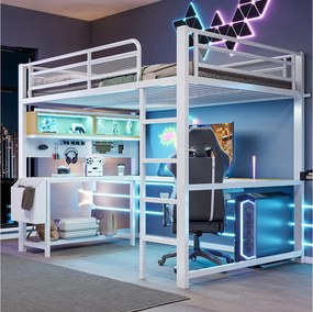 Łóżko piętrowe 140 x 200 cm z biurkiem narożnym, schowkiem, oświetleniem LED, gniazdkami i portami USB - MDF i metal - białe (materac nie jest wliczony w cenę)