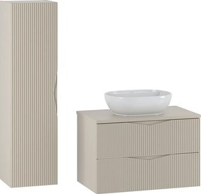 Zestaw do Łazienki 80cm Szafka z Blatem Umywalka Słupek Ryflowane Fronty Beż Piaskowy Cleo
