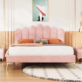 Łóżko tapicerowane 140 x 200 cm z wezgłowiem - Aksamit - Nogi metalowe - Stelaż listwowy - Różowy