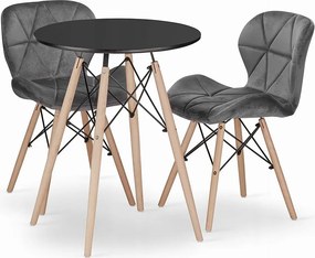 Valora ZESTAW OKRĄGŁY STÓŁ KOVA 60 Czarny + 2 Krzesła WAKO Szare x2