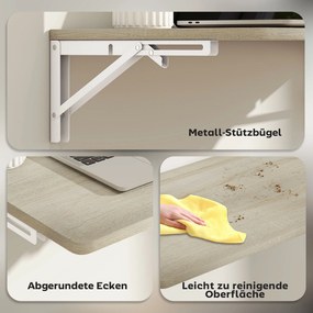 HOMCOM Składane biurko ścienne, 60x40 cm, oszczędzające miejsce wiszące biurko z zaokrąglonymi narożnikami, do home office, salonu, sypialni, kuchni, dąb