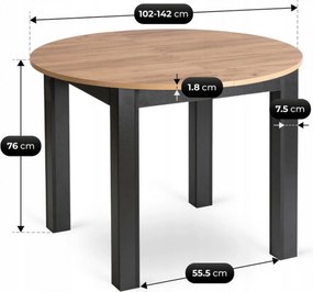 Zestaw Stół Okrągły Rozkładany HARRY 102-142 cm Dąb Craft/Czarny i 4 Krzesła Tapicerowane PERU Beżowe Welurowe Nowoczesne