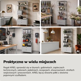 Regał z szufladami do biura, na segregatory i dokumenty, otwarte półki, metalowy, szary, 800x2200x400 mm: ARIEL