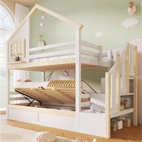 Łóżko piętrowe dla dzieci - 2 x 90 x 200 cm - z łóżkami hydraulicznymi + drabinka ze schowkiem - drewniane - białe