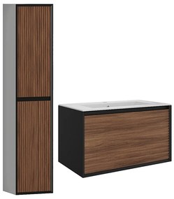 Szafka łazienkowa wisząca ryflowana z umywalką wpuszczaną w blat i słupkiem - Naturalny ciemny i czarny - 80 cm - BANIVA