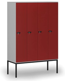 Drewniana szafa ubraniowa z podstawą, 4-drzwiowa, 1871 x 1200 x 500 mm, demontaż, zamek mechaniczny z kodem, szary/czerwony