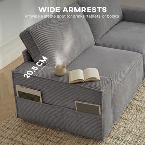 HOMCOM 218 cm 3-osobowa sofa, nowoczesna sofa w stylu sztruksowym z sprężynami kieszeniowymi, szerokimi podłokietnikami i 2 poduszkami, jasnoszara | Aosom PL