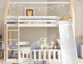 Łóżko piętrowe dla dzieci 90×200 cm - z barierką i zjeżdżalnią - z drabiną 3-stopniową - Drewno lite + MDF - białe (bez materaca)