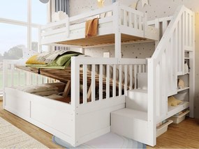 Łóżko piętrowe 90x200cm + 140x200cm - z drabiną - z miejscem do przechowywania - biały​ (materac nie jest wliczony w cenę)