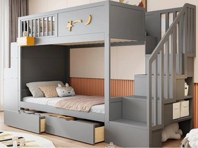 Łóżko piętrowe dziecięce 90 x 200 cm - z 2 szufladami - z drabiną bezpieczeństwa - z biurkiem - szary​ (materac nie jest wliczony w cenę)