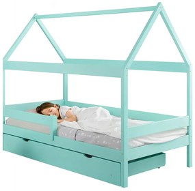 Turkusowe łóżko domek z szufladą i materacem S2-F83