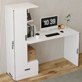 Biurko Komputerowe z Regałem 142 cm – Białe Loft do Biura i Pokoju