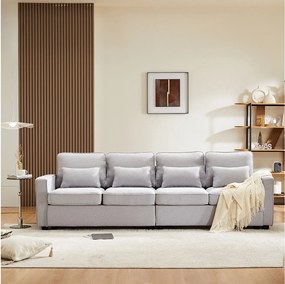 Sofá moderno de 4 lugares com 4 almofadas - 264 x 83 x 87 cm - Tecido de linho - Cinza