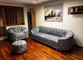 Elegancka kanapa 3-osobowa Molly z funkcją spania oraz stylowy fotel Molly i luksusowa pufa Moet