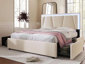 Łóżko z regulowanym wezgłowiem - 140 x 200 cm - 4 szuflady - LED-y - tkanina lniana - kolor beżowy