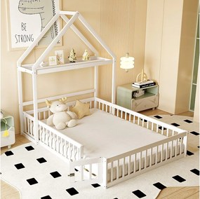 Łóżko dziecięce 140 x 200 cm z kratką zabezpieczającą i drzwiczkami - Oddzielny zagłówek - Drewno lite + MDF - Białe