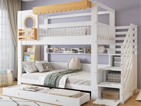 Łóżko piętrowe 90x200cm - z 2 szufladami - schody z miejscem do przechowywania - z półkami - Drewno lite + MDF - Biały + Naturalny (bez materaca)