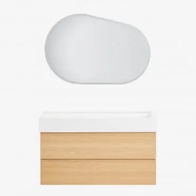 Zestaw Mebli Łazienkowych Z Drewna I Forniru Jesionowego Z Wbudowaną Umywalką Ona Naturalna & Owalna Lampa Led I Przeciwmgielna 100x80 Cm - Sklum