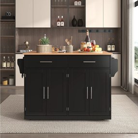 Czarny wózek kuchenny - Wyspa kuchenna z kółkami i drewnianymi nogami - składany blat - 2 szuflady i 4 drzwi
