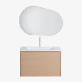 Zestaw Mebli Łazienkowych Z Drewna Z Wbudowaną Umywalką Jacob Naturalna & Owalna Lampa Led I Przeciwmgielna 100x80 Cm - Sklum
