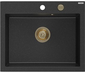 Mexen Elix zlewozmywak granitowy 1-komorowy 600 x 500 mm, czarny/srebrny metalik, syfon złoty - 6525601005-73-G