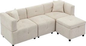 Beżowa sofa narożna - sofa 3-osobowa z podnóżkiem ze schowkiem i 2 poduszkami - szenil - do salonu i biura