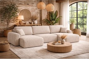 Narożnik w kształcie U z funkcją spania i pojemnikiem Ivo U, tkanina sztruksowa Poso, Beżowy