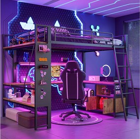 Łóżko piętrowe dla dzieci - 140 x 200 cm - rama żelazna - z diodami LED + biurko + półka + port USB - metalowe - czarne