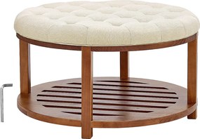 Duży Pikowany Okrągły Stolik Kawowy SucceBuy z Lnu, 81 cm, Pikowany Podnóżek z Półką do Przechowywania z Litego Drewna, Nośność 158,76 kg