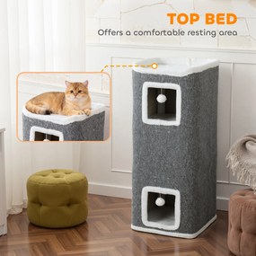 PawHut 4-poziomowa wieża dla kotów, drapak z 3 jaskiniami, płyta wiórowa, piłeczki do zabawy, szary
