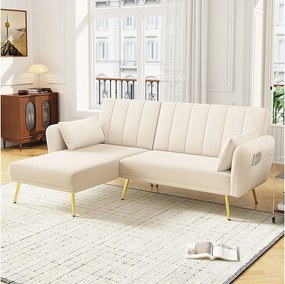 Sofa rozkładana 3-osobowa - 191,5 x 130 x 80 cm - narożnik z funkcją spania - welur - beż