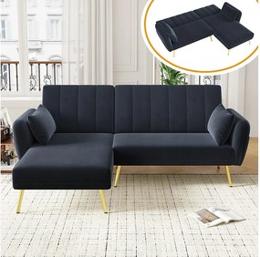 Czarna sofa narożna - Sofa 3-osobowa z 3-stopniowo regulowanym oparciem i bocznymi kieszeniami - aksamit