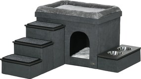 PawHut Dom dla kota z 3 schodami, 2 miskami, 70 x 50 x 51 cm, Szary