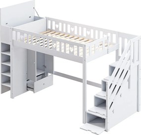 Łóżko mezzanine 90x200 cm z drewna - z wieloma schowkami i drabiną - Białe