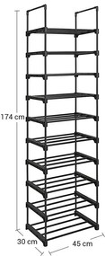 SongmicsHome Półka na buty TUBE, 10 półek, 45x30x174cm, czarna