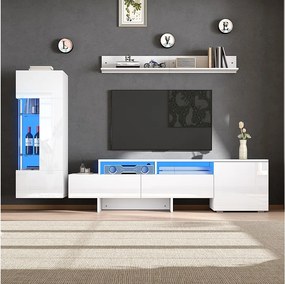 3-częściowy zestaw mebli RTV wiszących na ścianie, wysoki połysk - szafka RTV + szafka ścienna + półka ścienna - z diodami LED - płyta wiórowa - kolor biały