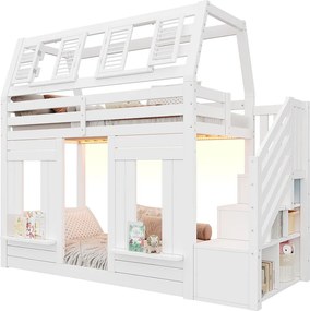 Łóżko na antresoli dla dzieci 90x200cm z LED - Barierki bezpieczeństwa i drabina z pojemnikami - MDF + Drewno lite - Biały​ (bez materaca)