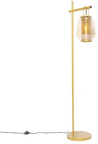 Złota lampa podłogowa art deco z bursztynowym szkłem - Kevin ArtDeco Oswietlenie wewnetrzne