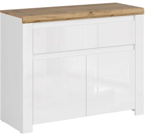Komoda Dwudrzwiowa z Szufladą do Salonu HAVEN 106 cm Biały Połysk/Dąb Wotan Nowoczesna