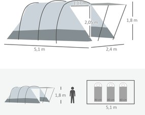 Outsunny Namiot Tunelowy Kempingowy dla 8 Osób z Sypialnią Szary 510x240x180cm Przestronny i Wygodny | Aosom PL