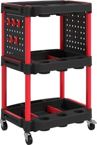 HOMCOM Wózek narzędziowy, trzy poziomy półek, 4 koła, plastik, 10 haków, Czerwony