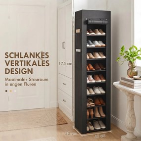 HOMCOM Regał na buty z metalu z materiałowym pokryciem chroniącym przed kurzem, do 20 par butów, 45 x 30 x 175 cm, Czarny | Aosom PL