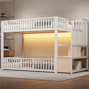 Łóżko piętrowe dla dzieci - 2 x 90 x 200 cm - z drabinką + diody LED - płyta MDF + metal - białe