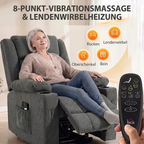 HOMCOM Fotel relaksacyjny z dwoma silnikami i elektryczną funkcją podnoszenia, fotel podnoszący 55° dla seniorów, masaż i ogrzewanie, Ciemnoszary | Aosom PL